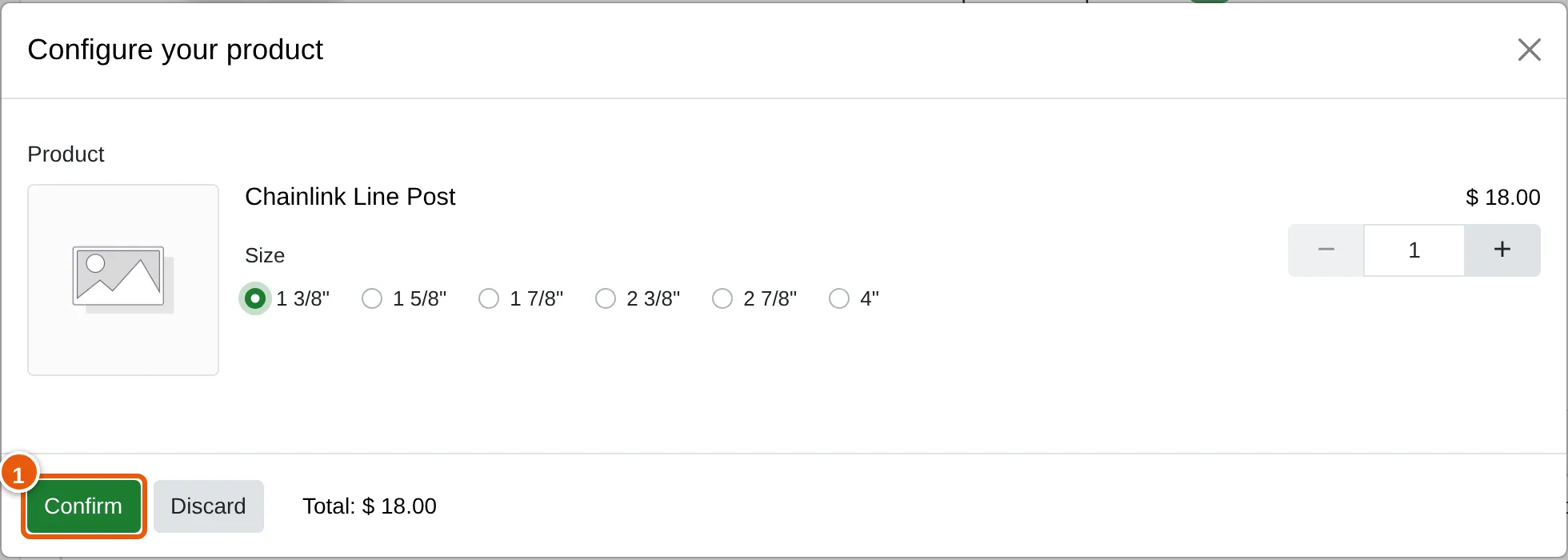 The Configure your product window, with the item’s sizes as options and the Confirm button marked.
