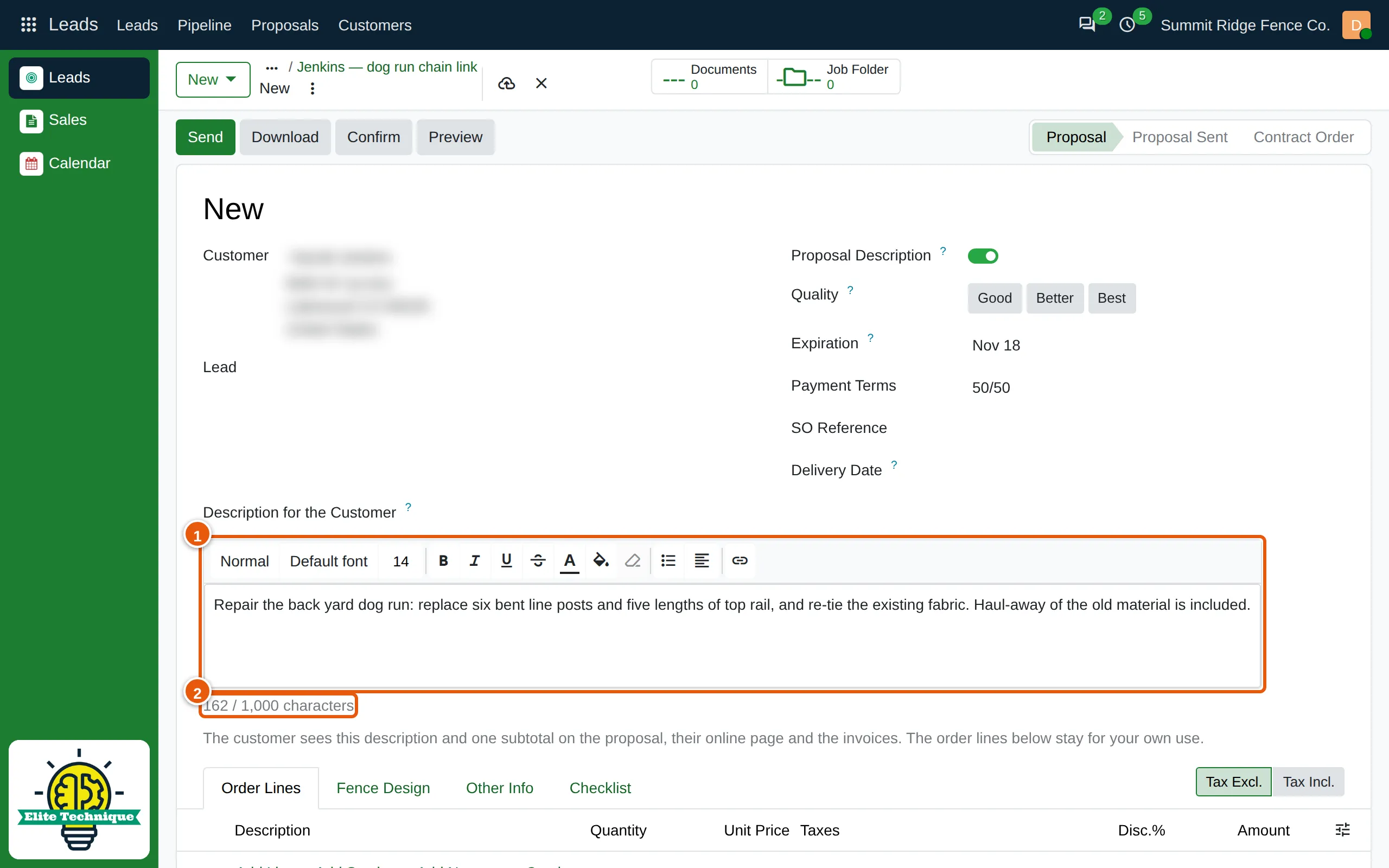 The Description for the Customer box with a job description typed in, and the character count below it.