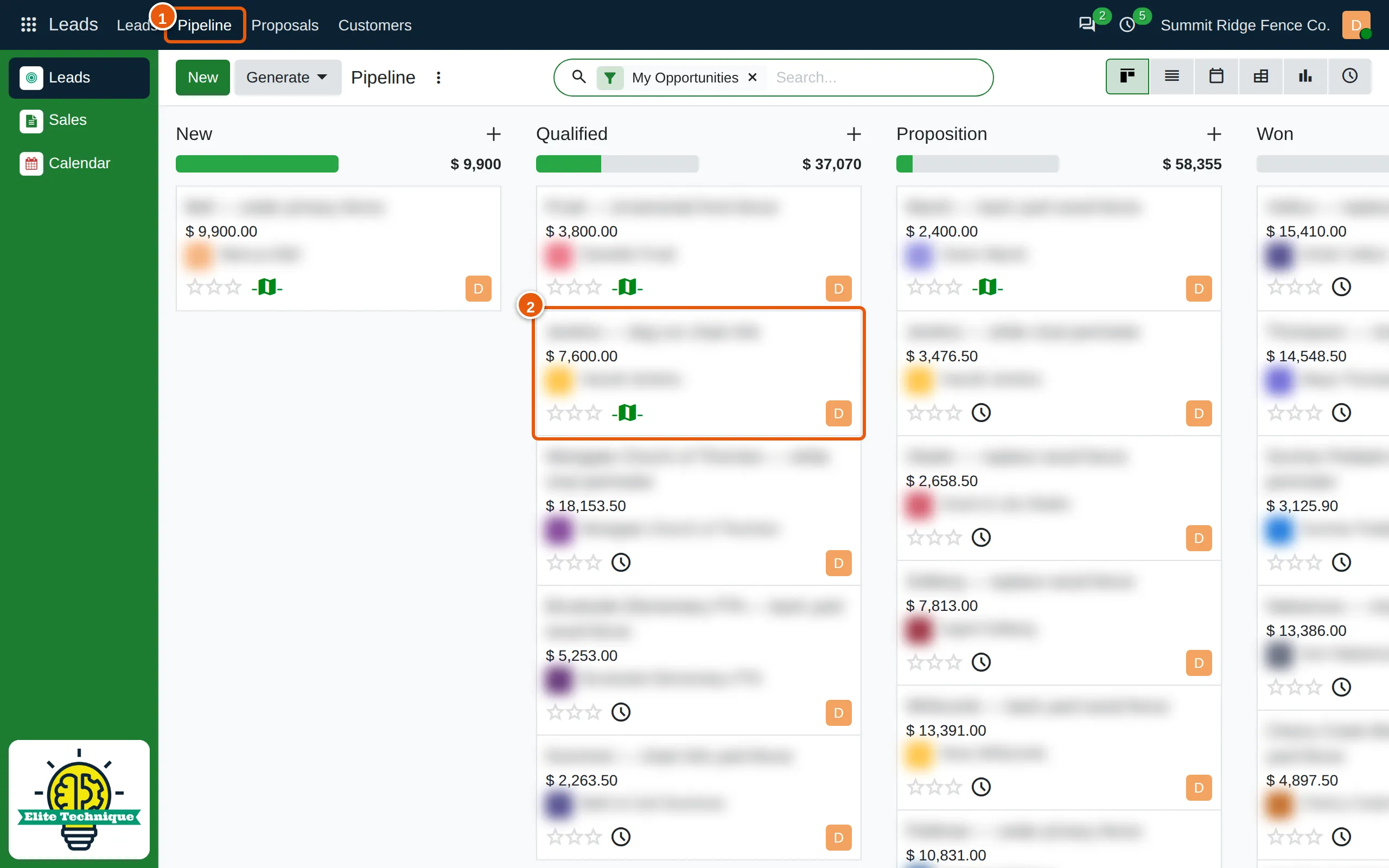 The Pipeline page, with Pipeline marked in the top bar and an opportunity’s card marked in the Qualified column.