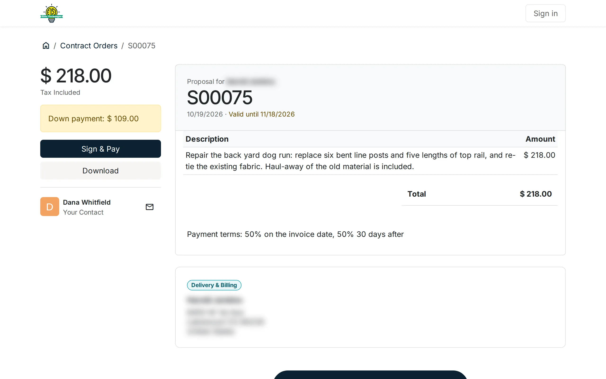 The customer’s online page for the proposal: the total, the deposit due, Sign & Pay and Download buttons, and the job description with one amount.